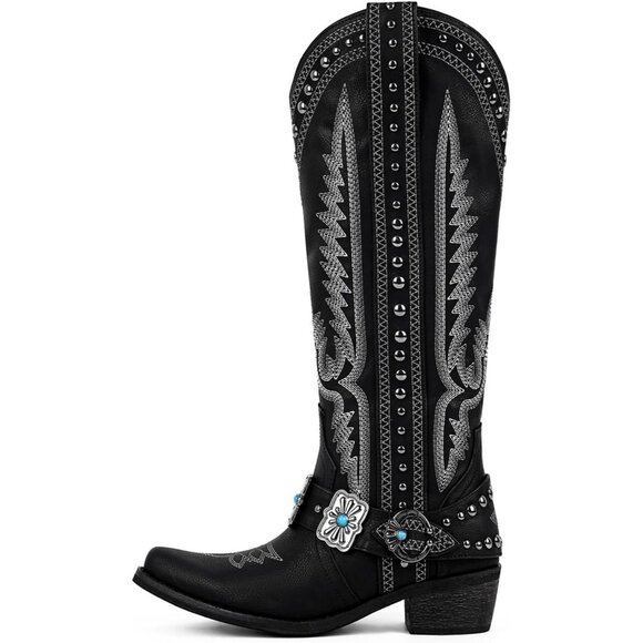 Women's Black Knee High Western Cowgirl Boots with Embroidery Belt Buckle - Picture 4 of 6
